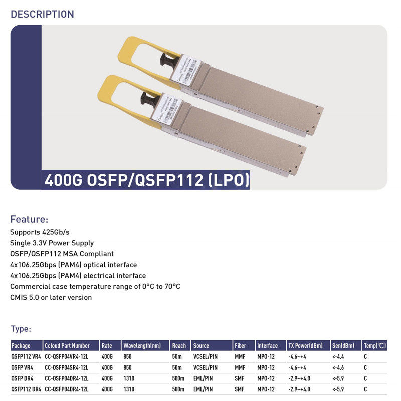 400G QSFP112 SR4 Hot-Plug Multimode Fiber Optic Transceiver 100m Interconnect for Data Centers and Optical Interconnects