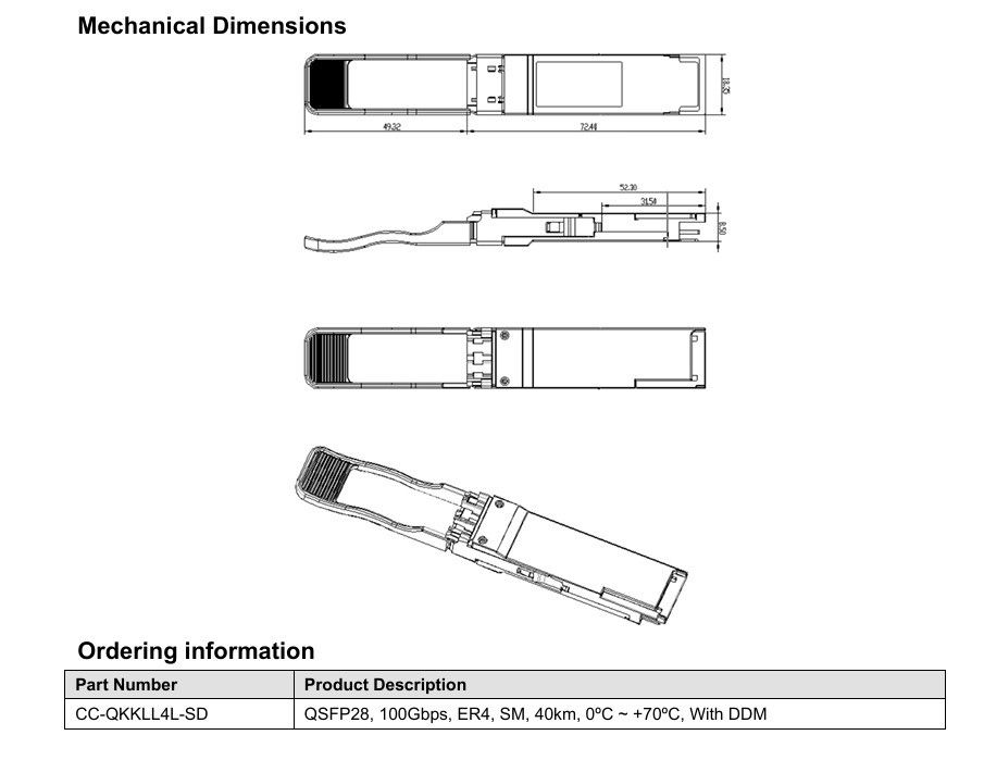 Single 3.3V Power Source 100GBase QSFP28 ER4 40KM Fiber Optic Equipment Duplex LC Optical Transceiver Module for Your Requirements